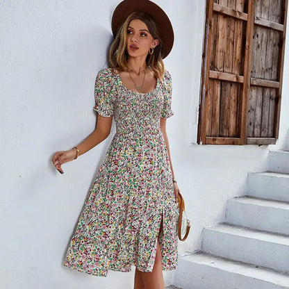 Strand Bloemen Patchwork Jurk Gesmokte mouwen V-hals Mini Jurken SS12