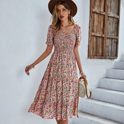 Strand Bloemen Patchwork Jurk Gesmokte mouwen V-hals Mini Jurken SS12