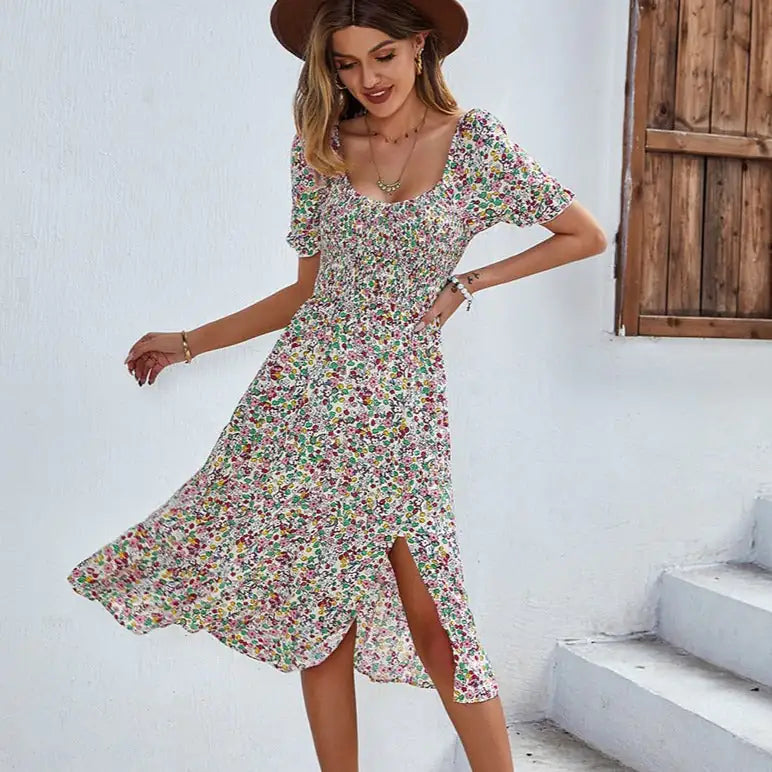 Strand Bloemen Patchwork Jurk Gesmokte mouwen V-hals Mini Jurken SS12
