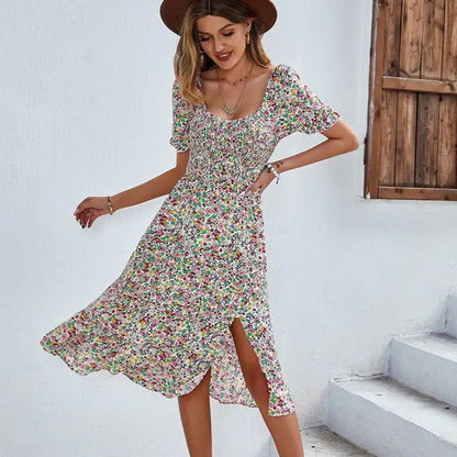 Strand Bloemen Patchwork Jurk Gesmokte mouwen V-hals Mini Jurken SS12