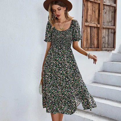 Strand Bloemen Patchwork Jurk Gesmokte mouwen V-hals Mini Jurken SS12