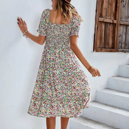 Strand Bloemen Patchwork Jurk Gesmokte mouwen V-hals Mini Jurken SS12